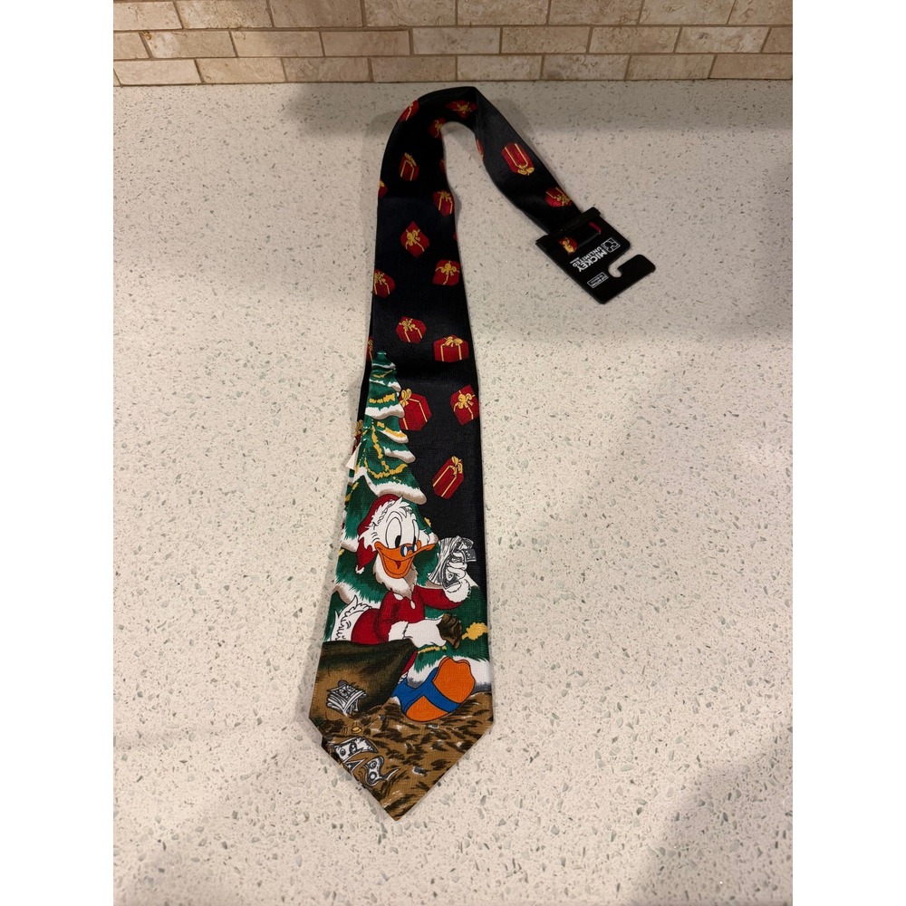Disney Scrooge McDuck Christmas Necktie Mickey Unbuttoned 100 Silk NWT Black